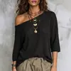 Roupas Femininas Europeias e Americanas Transfronteiriças Amazon TK Feminino Novo Gola Redonda Ombro Assimétrico Casual Solto Vazado Manga de Cinco Pontos Tricô