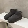 Botas de Neve Cinzas de Couro Genuíno com Solado Grosso para Mulheres, Novos Sapatos Peludos de Inverno 2026, Forrados com Lã, Espessados, Quentes e Versáteis Sapatos de Algodão