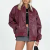 Top Feminino Manga Longa Puleather Estilo Americano Retro Face Brilhante 2024 Outono Novo Design com Senso Lapela Costura Zíper Jaqueta