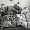 Juego de Cuatro Piezas de Algodón Lavable Suave Súper Suave Color Liso para Dormir Ropa de Cama Juego de Tres Piezas para Dormitorio de Estudiantes Sábana Ajustable Sábana Plana Funda Nórdica Venta al por Mayor