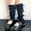 Conjunto de Piernas con Lazo Rosa Estilo Miu para Mujer Primavera y Otoño Calcetines de Punto Estilo Gris Calcetines Blancos Apilados en la Pantorrilla Estilo Ballet