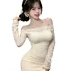 Lemon Story Lencería Sexy Vestido Sexy de un Hombro Femenino Ajustado Manga Larga Encaje Falda de Cadera