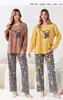 Temporada de calças compridas confortável pele comércio exterior gola redonda pijama feminino outono algodão pode ser usado fora blusa de frio estilo roupas de casa primavera outono manga longa casual