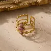 Nuevo Anillo Abierto de Tres Capas con Rubí Bañado en Oro de 18K de Acero Inoxidable, Joyería de Mano Elegante de Nicho Retro Francés Europeo y Americano