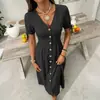 Amazon Aliexpress 2026 Verano Nuevo Estilo Europeo y Americano Ropa de Mujer Vestido Botones Manga Corta Vestido de Algodón Lino Cuello V para Mujer