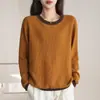 Suéter de punto de algodón puro para mujer, con cuello redondo, bloques de color, ribete de encaje, manga larga, corte holgado, adecuado para primavera y otoño, cómodo para la piel, se puede usar como capa interior o exterior