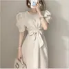 Recomendado por influencers Vestido retro coreano de algodón y lino con lazada y mangas abullonadas de longitud media para mujer, novedad de verano