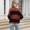 Sitio Independiente de Amazon Exportación Transfronteriza Moda Europea y Americana para Mujer Otoño Suéter de Manga Larga Combinación de Colores Holgado Cuello en V Ropa de Abrigo