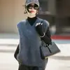 Colete Tricotado de Lã Cashmere com Gola V, Cor Sólida Escovada, Sem Mangas, Novo para Outono/Inverno 2026