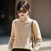Suéter de malha simples para mulheres, novo estilo outono e inverno, espesso de 7 pontos, ombro normal, trança, 100% lã, gola semi-alta, cor sólida
