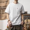 Camiseta falsa de manga curta de duas peças, algodão pesado, bordado, cor contrastante, verão, americana, casual, bolso, gola redonda, solta, meia manga, camiseta