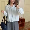 Cardigan de Punto Suave y Cómodo, Fresco y Dulce Estilo Coreano, Reductor de Edad, Suéter Casual con Cordones y Lazo, Cuello Azul Marino Reductor de Edad