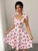 Ropa de Mujer Transfronteriza Europea y Americana 2025 Nuevo Vestido de Falda en A con Estampado Floral de Cintura Alta y Cordones Dulce y Moderno