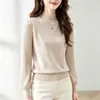 Camiseta base de color liso con cuello semi-alto y mangas tipo farol, de lujo ligero y elegante, estiliza y es versátil para otoño e invierno, suéter casual de punto acanalado de manga larga