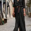 Vestido Longo de Manga Longa com Fenda, Novo Estilo de Comércio Exterior Europeu e Americano, Vestido Simples de Moda com Botões Múltiplos e Cinto para Mulheres, Primavera e Outono