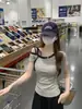 Foto Real de Camiseta de Manga Corta Ajustada para Mujer, Nuevo Estilo de Verano, Top con Cuello de Corbata de Bloques de Color Rayado Estilo Americano 12042