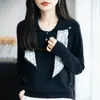 Outono de 2025 Novo Andy Veludo Gola Lapela Lenço de Seda Tricô Manga Longa Design Feminino Suéter Camisa Básica Top