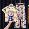 Comercio Exterior Pijamas Infantiles Primavera y Verano Manga Corta Pantalones Trajes para Niños Dibujos Animados Lindo Stitch Ropa de Casa para Niñas Ola