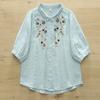 Camisa de Gaze de Algodão para Bebê com Bordado Artístico de Manga Três Quartos para Mulheres, Verão Macia e Amiga da Pele Respirável Solta Linha A Camisa Boneca Yz
