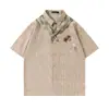 Camisa de Manga Corta a Cuadros Desmontable con Bufanda de Seda para Hombre, Moda Casual de Calle de Verano, Camisa con Solapa Decorada con Corbata de Moño