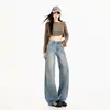 Jeans americanos retro lavados de pierna recta para mujer transfronterizos con efecto ojo de gato, pantalones largos lavados azules, longitud extendida
