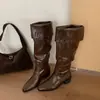 2026 Novas Botas Longas de Bico Fino com Tachas de Nicho Moda Botas de Cavaleiro Femininas Dobráveis Bidirecionais Plissadas Salto Bloco Botas Empilhadas