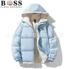 Jaqueta de Algodão Quente Masculina de Inverno Cor Sólida Estampada Manga Caída, Casaco de Algodão Confortável Larga Tendência Marca Casal com Capuz