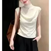 Blusa de Tricô Sem Manga Azul Claro para Mulheres, Novo Estilo Verão 2026, Patchwork, Amiga da Pele, Respirável, Slim-Fit