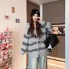 Suéter cárdigan de punto con capucha a rayas estilo coreano y bloques de color para mujer, otoño 2025, abrigo holgado y casual