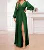 Vestido de Noche Elegante para Banquete de Mujer, Color Sólido, Cuello en V, Abertura, Nuevo Estilo Europeo y Americano Transfronterizo, Otoño e Invierno 2025