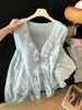 Camisa Elegante com Babados e Decote em V de Manga Longa Estilo Chanel para Mulheres, Design de Verão, Caimento Solto, Emagrecedor, Top com Proteção Solar