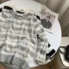 Suéter tejido hueco a rayas vintage estilo francés para mujer, cuello redondo, mangas largas, corte ajustado, camisa base ligera, abrigo fino de punto fino