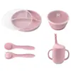 Prato de Silicone Infantil 5 Peças para Crianças em Idade Escolar, Bebês e Complemento Alimentar Conjunto Copo de Aprendizado Garfo e Colher Prato de Silicone
