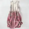 Vestido Casual de Algodón Puro con Estampado Digital Nuevo Transfronterizo, Cuello Redondo, Sin Mangas, Largo Medio, para Mujer, Verano en la Playa
