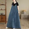 Macacão jeans soltinho vestido retro francês preguiçoso vestido maxi de férias feminino V-neck vestido jeans
