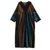Vestido Longo Original Estilo Francês para Plus Size, Manga Longa, Proteção Solar, Decote V, Algodão e Linho Finos, Estampado, Soltinho, Emagrecedor, para Mulheres
