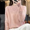 Suéter de mujer de lana peinada fina, cuello alto, crochet hueco, manga larga, nuevo top de encaje con cuentas 2024