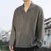 Nova camisa de algodão e linho estilo chinês de manga comprida para homens, top de botão modificado com decote V, roupa Zen para chá de linho de corte solto
