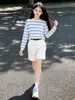 Conjunto de Dos Piezas Rayado de Verano para Niñas Estilo Coreano Casual Mangas Largas Shorts Niños Medianos y Grandes Ropa Elegante Ropa de Verano de Moda
