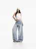 2026 Novo Verão Solto Emagrecedor Fluido Confortável Retrô Americano Jato de Tinta Grafite Comprimento Total Jeans Soltos