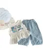 Verano Elegante Niña Bebé 26 Conjunto Nuevo Dibujos Animados Niña Lindo Chaleco Anti-mosquitos Pantalones a Cuadros Conjunto de Dos Piezas Venta al por Mayor