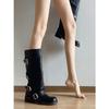 Botas Longas Femininas 2025 Estilo Garota Quente Fivela de Cinto Preta Salto Grosso Botas de Cavaleiro