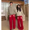 Calça de moletom larga com estampa de letras estilo retrô americano para rua, para primavera e outono, unissex, folgada, casual, esportiva, para dança jazz