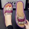 Haining Verano Cuero Genuino Lino Pareja Hogar Interior Antideslizante Suela Suave Pantuflas de Piel de Vaca para Mujer Sandalias para Hombre Cuatro Estaciones