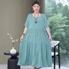 Vestido para Mulheres, Comprimento Médio, Vestido de Verão para Mãe, Vestido Longo de Algodão e Seda Acima do Joelho, Roupa para Mulheres de Meia-Idade, Vestido de Praia Curto-Manga Tamanho Grande para Mulheres