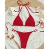 Nuevo traje de baño sexy para mujer, bikini de tres piezas de color liso, con cordones para atar, ajustado, para playa y aguas termales