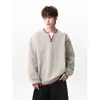 Suéter de punto de cuello en V con bloques de color, de punto falso de dos piezas, cosido a mano para hombre, marca de tendencia de invierno nueva, holgado y grueso, adecuado como capa interior