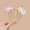 Recogido de estilo chino con horquilla de tres dientes con flor rosa, horquilla floral de estilo antiguo para la parte posterior de la cabeza, accesorio para el cabello