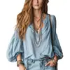 Top plisado azul bruma transfronterizo europeo y americano 2026, cuello redondo, cuello en V, mangas abullonadas, camisa de mujer estilo vacaciones holgada