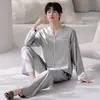 Pijama de seda helada para hombre, cárdigan de otoño e invierno, manga larga, pantalón largo, color liso, casual, talla grande, moderno, ropa de casa de alta gama
